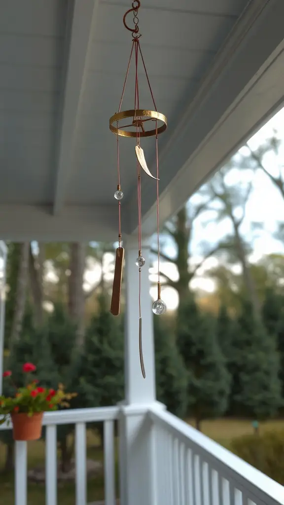 21 Charming Small Back Porch Ideas to Transform Your Outdoor Space 14 A set of elegant wind chimes hanging on a porch, featuring gold and glass elements.