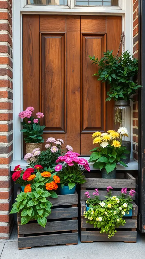 19 Stunning Front Door Planter Ideas to Elevate Your Entryway 8 Colorful flower arrangement in wooden crates at a front door