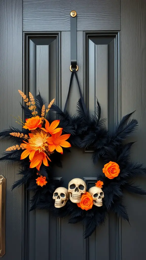 A Halloween door wreath featuring black feathers, orange and yellow flowers, and decorative skulls.