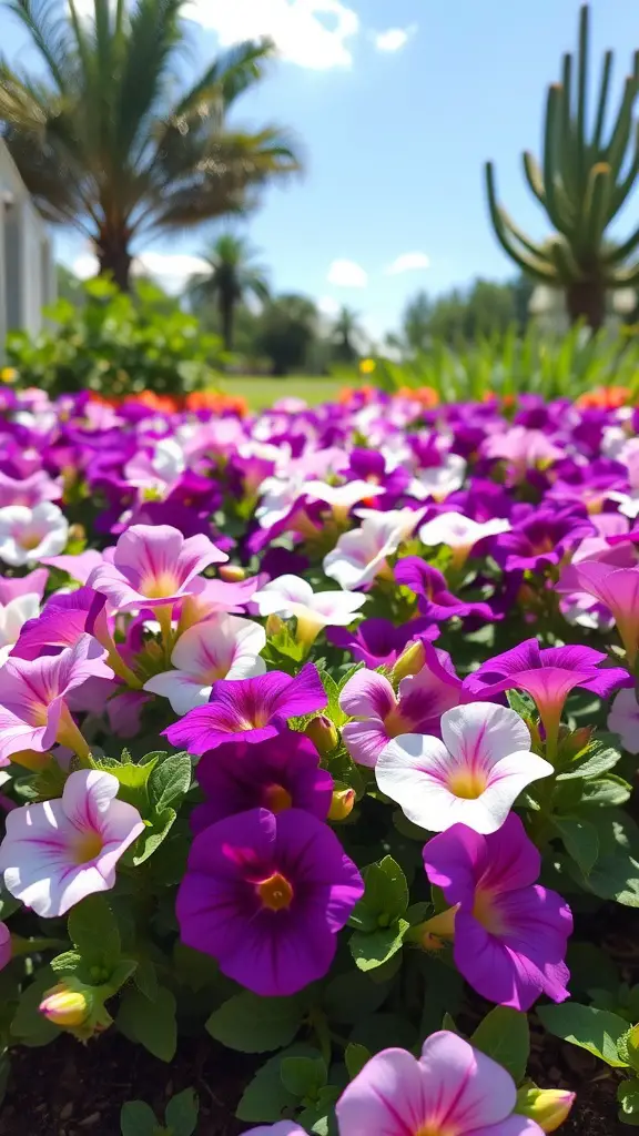 19 Colorful Plant Ideas to Brighten Your Space 10 Colorful petunias in purple, pink, and white blooming in a garden