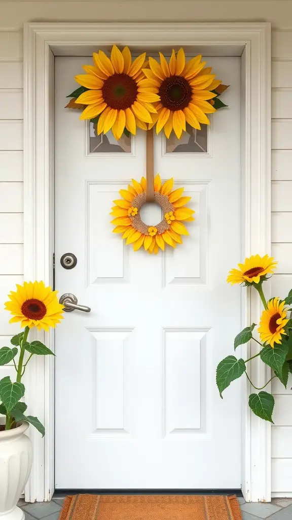 13 Stunning DIY Wreaths to Welcome You Home 12 Front door decorated with a cheerful sunflower wreath and potted sunflowers on each side.