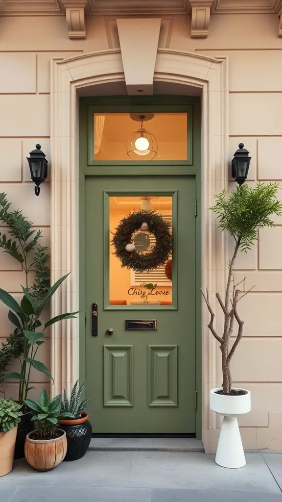 15 Stunning Sage Green Exterior Doors to Inspire Your Home Makeover 12 Chic apartment entrance featuring a sage green door, decorative wreath, and potted plants