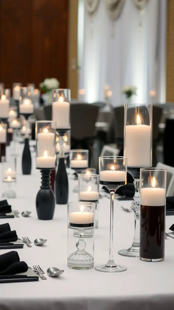 A wedding table centerpiece featuring floating candles in various holders, set in black and white decor.