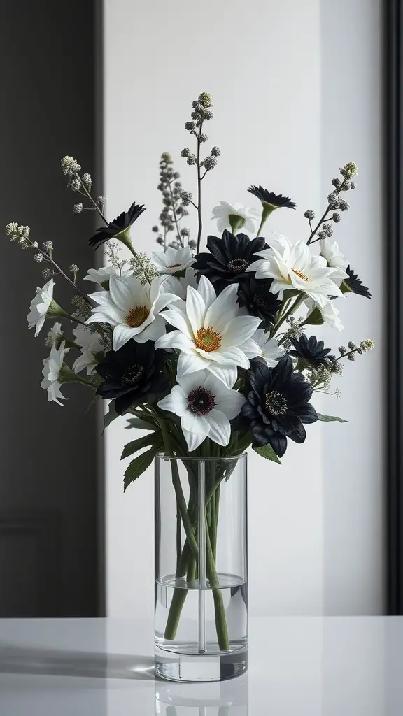 21 Stunning Flower Bouquet Ideas for Every Occasion 11 Chic black and white floral arrangement in a glass vase