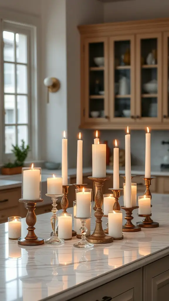 A stylish arrangement of candles of different heights in various holders on a kitchen island