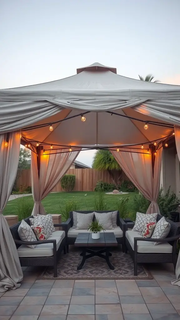 23 Charming French Patio Ideas to Transform Your Outdoor Space 4 Chic canopy tent with comfortable patio seating and string lights.