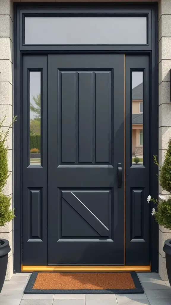 Front door painted in chic charcoal gray with modern design elements.