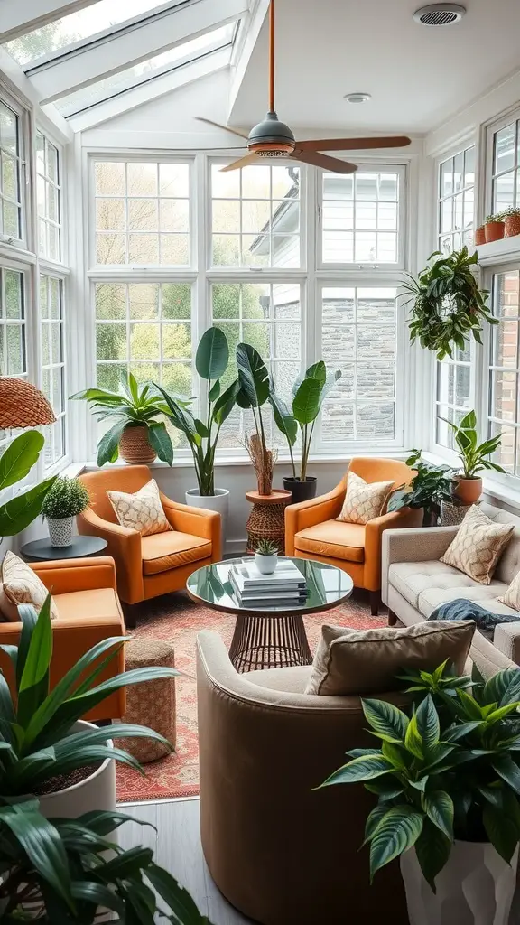 19 Stunning Indoor Sunroom Ideas You’ll Love 11 A sunroom coffee lounge featuring orange chairs, plants, and a central coffee table