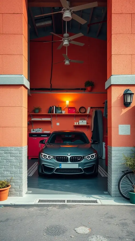 29 Creative Garage Interior Ideas You’ll Love 12 A vibrant orange garage featuring a sleek car, stylish storage, and bright organizational elements.
