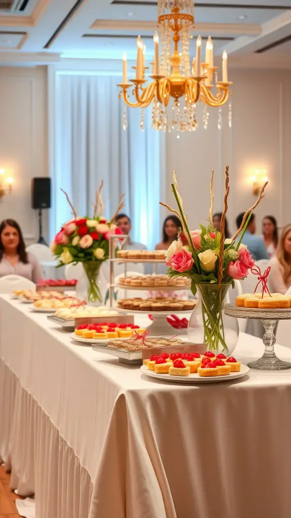 23 Stunning Banquet Decoration Ideas for Your Next Event 17 A beautifully arranged dessert table with cakes, cookies, and flowers, set in a banquet hall.
