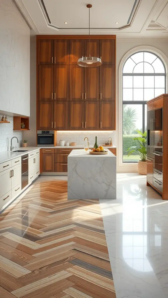 21 Stunning Luxury Kitchen Design Ideas for Your Dream Home 15 A luxurious kitchen featuring herringbone wooden flooring and marble countertops.