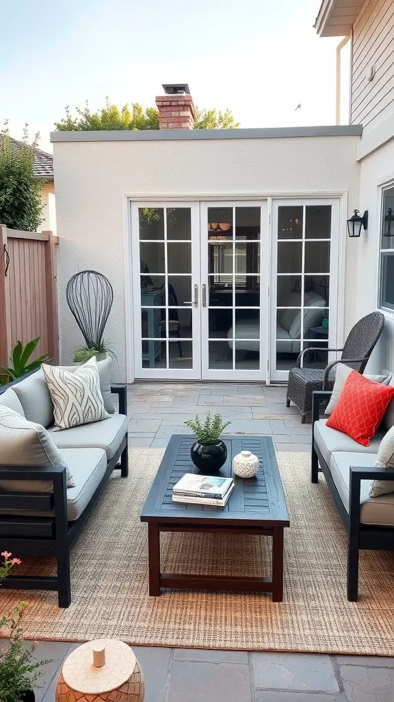 A cozy and stylish back patio with two sofas facing each other, a coffee table, and decorative items, surrounded by greenery.