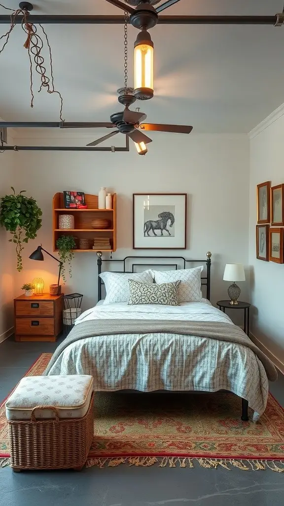 25 Creative Garage Living Space Ideas to Transform Your Home 8 Cozy guest room in a garage featuring a metal bed with soft linens, wooden furniture, a plant, and decorative elements