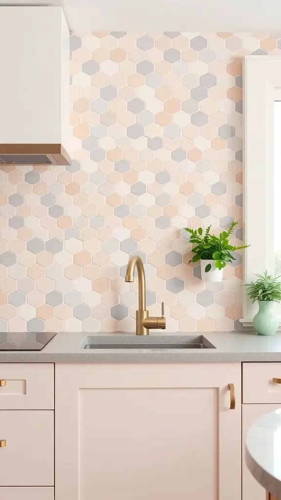 21 Stunning Backsplash Ideas for Your Dream Kitchen 8 Chic hexagonal tile backsplash in soft peach and gray tones in a modern kitchen