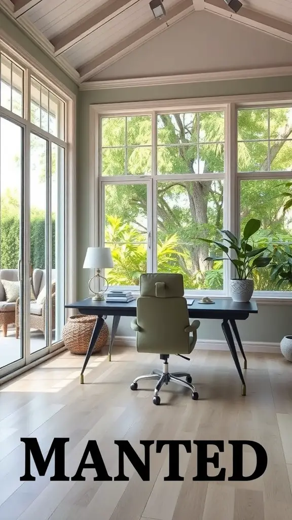 A chic home office with large windows, modern desk, and nature views