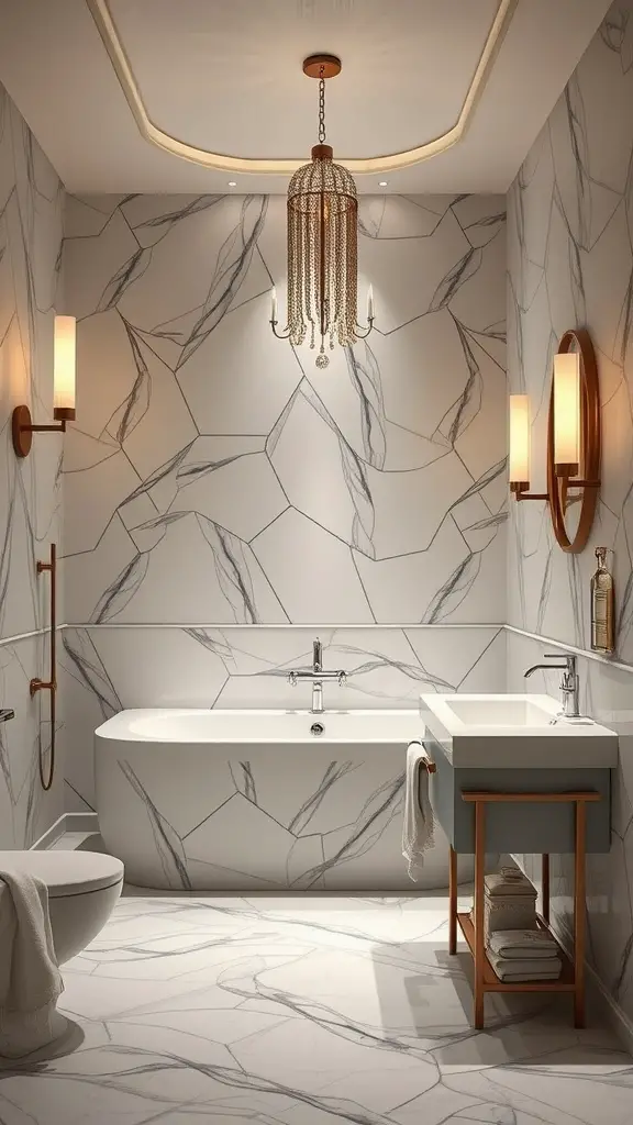 Luxurious bathroom with marble walls and chic lighting fixtures including a chandelier and wall sconces.