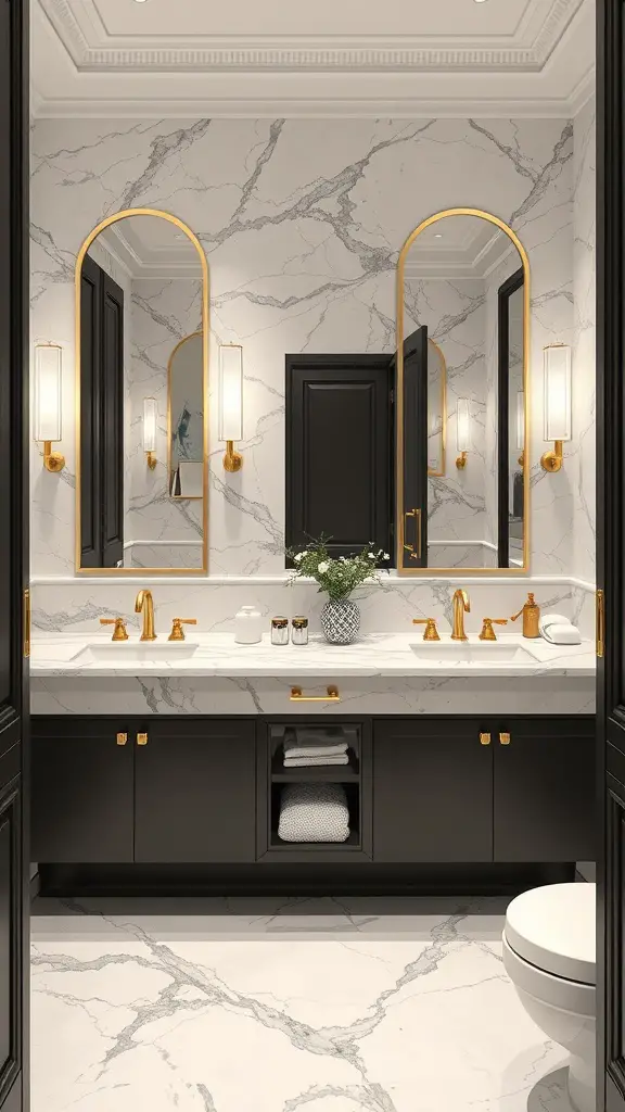 Chic bathroom featuring marble walls, black cabinets, and gold fixtures.