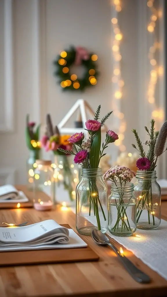 29 Stunning Dining Table Centerpieces for Every Occasion 13 Chic dining table centerpiece featuring mason jars with flowers and fairy lights