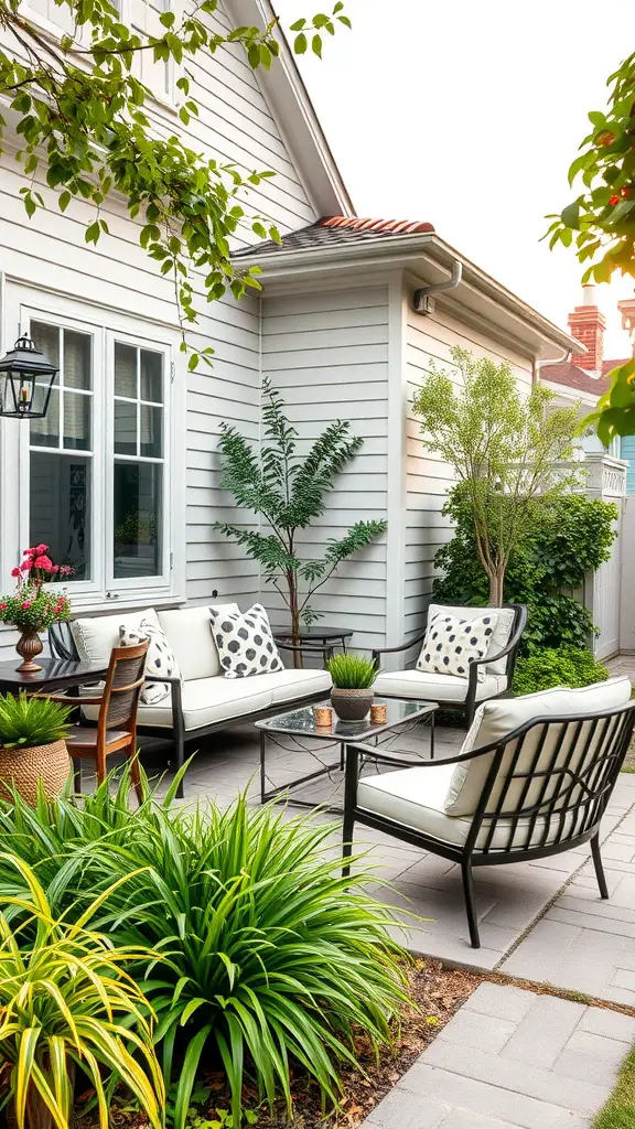 17 Stunning Modern Front Yard Landscape Designs You Need to See 11 Cozy outdoor seating area with stylish furniture and vibrant green plants.