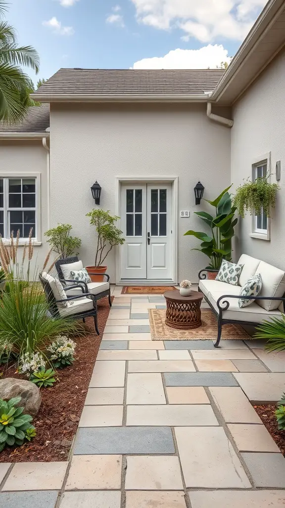 13 Stunning No Grass Front Yard Ideas for a Low-Maintenance Landscape 13 A chic paved patio with comfortable seating and surrounding plants.