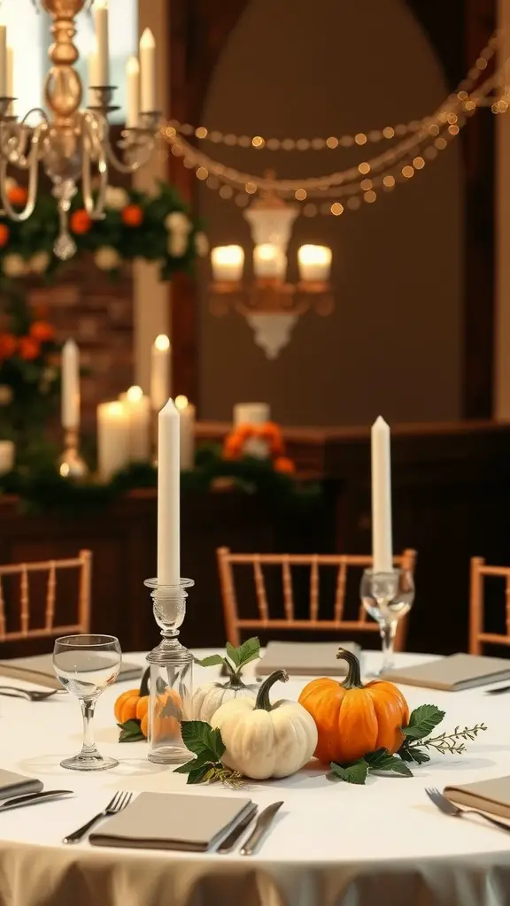 A beautifully set wedding table featuring chic pumpkin accents with white and orange pumpkins, candles, and greenery.