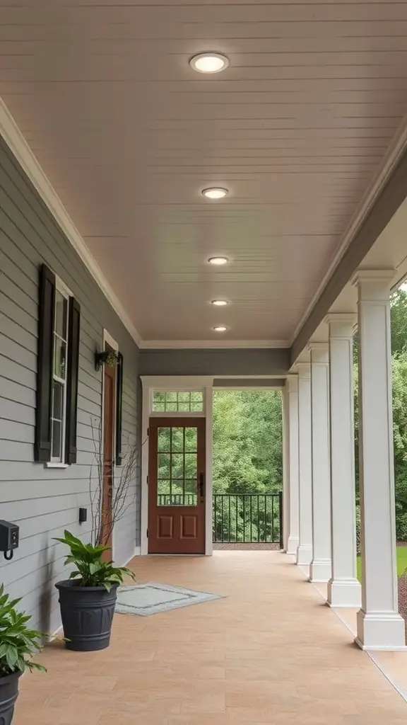 A porch featuring chic recessed lighting, showcasing a polished and modern design.