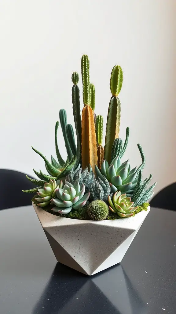 19 Stunning Wedding Floral Centerpieces to Inspire Your Big Day 12 A chic arrangement featuring various succulents and cacti in a geometric pot.