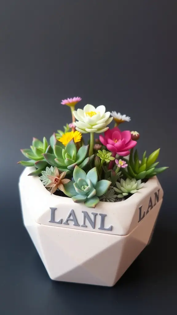 17 Stunning Flower Arrangement Ideas You’ll Love 3 A chic succulent and flower arrangement in a geometric pot.
