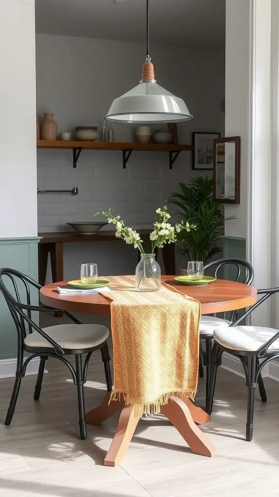 15 Stunning Round Kitchen Table Decor Ideas to Transform Your Space 12 Chic round kitchen table with an orange table runner and elegant dinnerware.