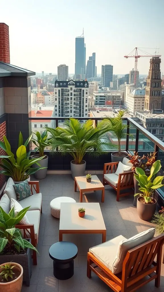27 Creative Enclosed Garden Ideas for Your Outdoor Oasis 17 A chic urban rooftop garden with stylish seating and plants overlooking a city skyline.