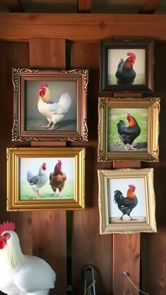 15 Creative Chicken Coop Decor Ideas to Enhance Your Backyard 11 Various framed photos of chickens displayed on a wooden wall.