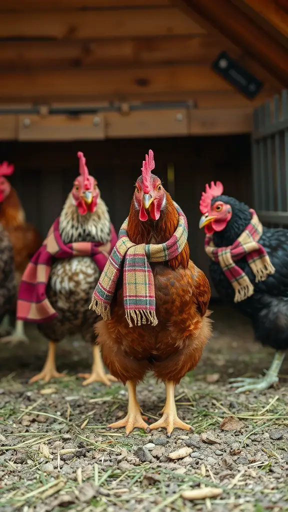 15 Creative Chicken Coop Decor Ideas to Enhance Your Backyard 16 Chickens wearing plaid scarves in a cozy setting