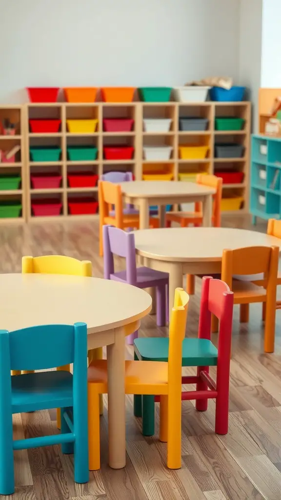 21 Inspiring Montessori Room Ideas for Creative Spaces 6 Colorful child-sized tables and chairs in a Montessori classroom