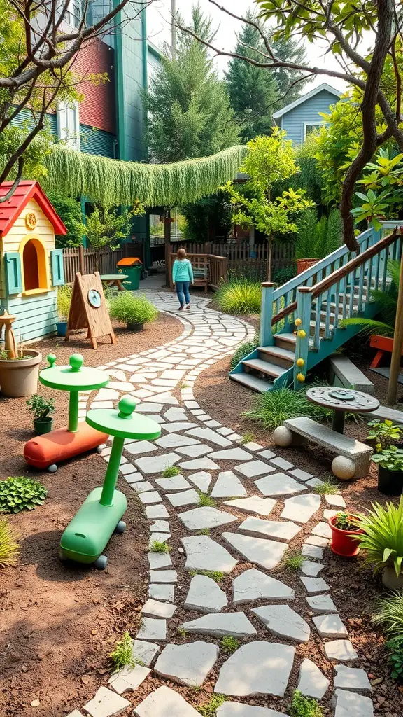 15 Stunning Labyrinth Garden Ideas for Your Outdoor Space 15 A garden labyrinth designed for children with a stone path, colorful playhouse, and playful furniture.