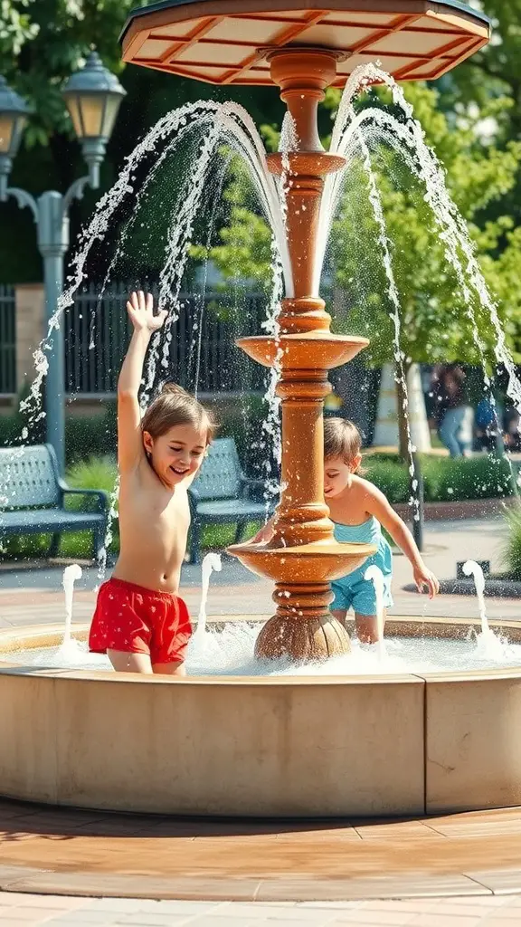 17 Creative DIY Solar Fountain Ideas for Your Garden 15 Two children playing in a solar-powered fountain on a sunny day.