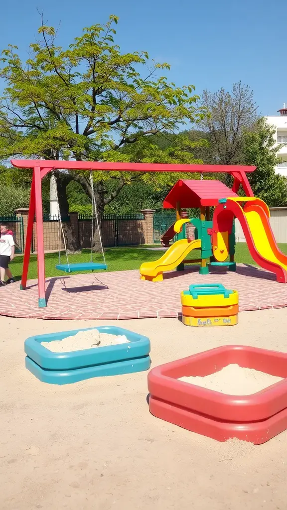 19 Stunning Large Backyard Layout Ideas to Transform Your Outdoor Space 8 Colorful children's play zone with swings, slide, and sandboxes