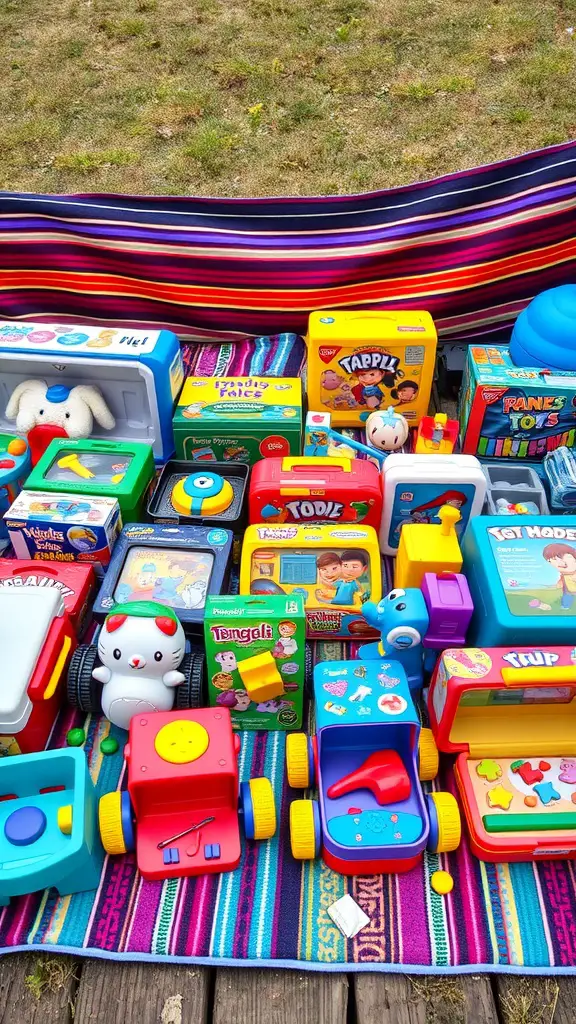 21 Creative Garage Sale Ideas to Boost Your Sales 8 Colorful assortment of children's toys displayed on a blanket at a garage sale.