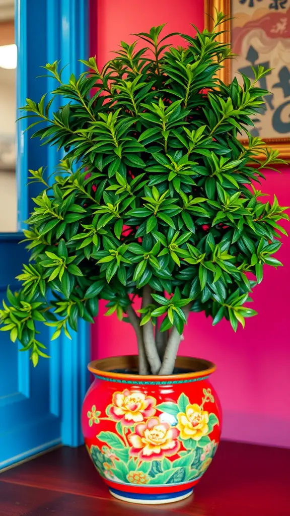 A Chinese Evergreen plant in a colorful pot against a bright background