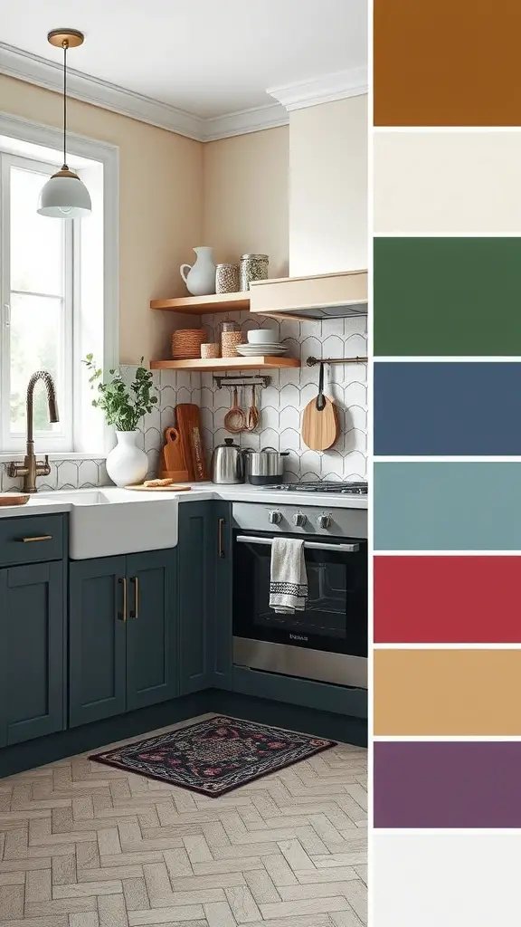 23 Stunning Open Kitchen Ideas for a Modern Home 10 An open kitchen design featuring deep green cabinets, beige walls, and wooden shelves, with color palette swatches on the right.