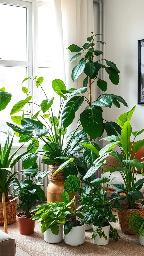 23 Creative Ways to Decorate with Plants in Your Home 7 A bright indoor space decorated with various indoor plants of different sizes and types, creating a lively atmosphere.