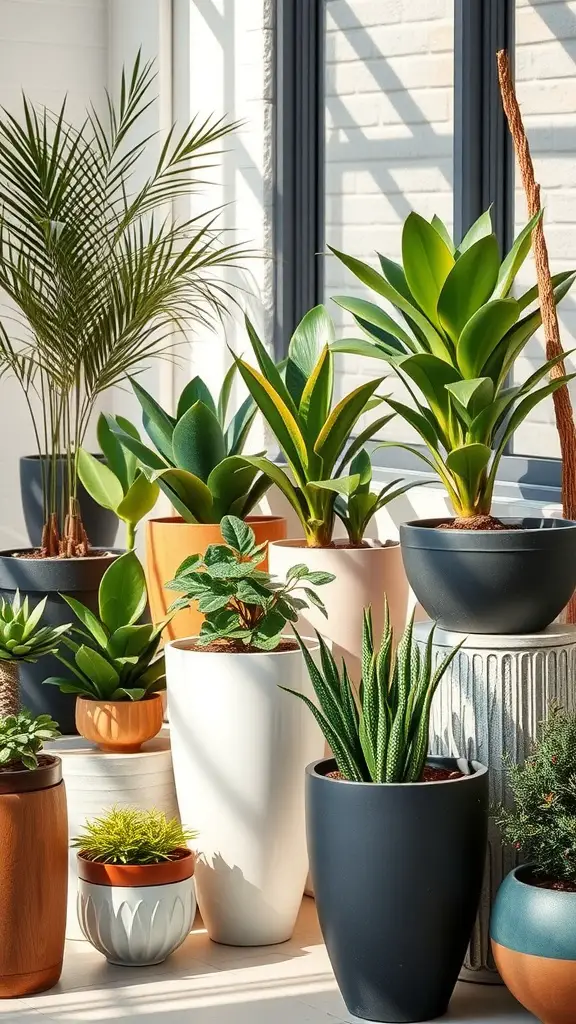 A collection of diverse plants in various types of planters displayed in a sunroom.