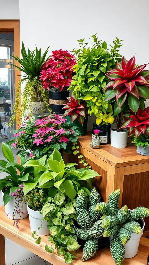 25 Stunning Floral Indoor Plant Wall Ideas for Your Home 7 A variety of colorful indoor plants arranged on a wooden shelf