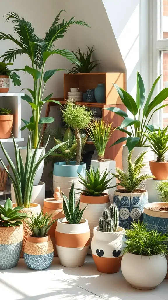 23 Creative Ways to Decorate with Plants in Your Home 12 A variety of indoor plants in colorful pots arranged in a bright room.