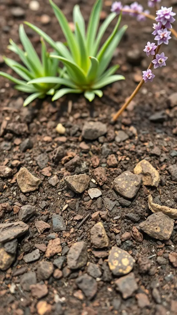 23 Stunning Alpine Garden Ideas for a Breathtaking Landscape 7 A close-up view of rocky soil with small alpine plants and flowers growing.