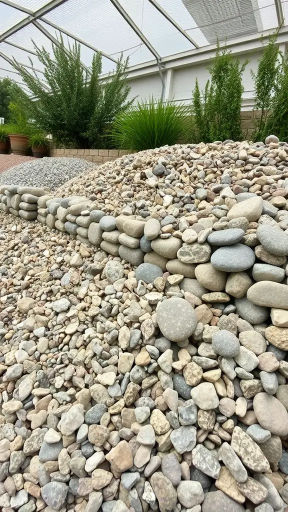 A variety of stones and gravel arranged for a dry creek bed, showing textures and colors suitable for landscaping.