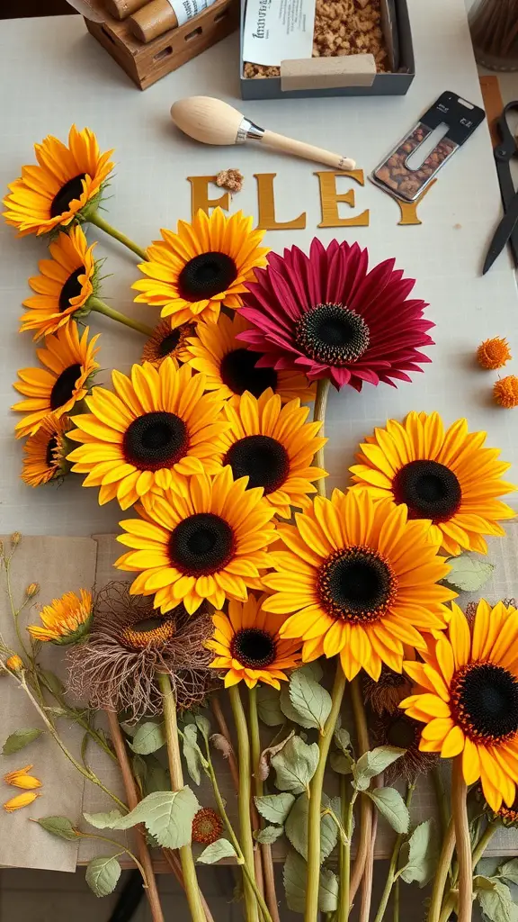 A collection of bright yellow sunflowers, some smaller, some larger, along with green leaves and other floral elements on a table.