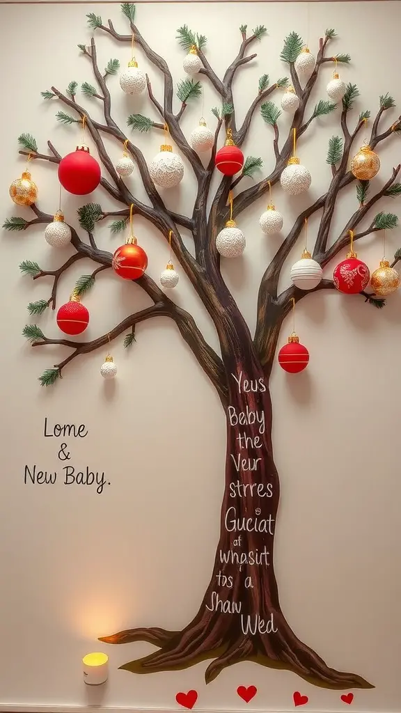 21 Creative Christmas Baby Shower Ideas You’ll Love 4 A decorative Christmas tree with ornaments and a sign for a guest book