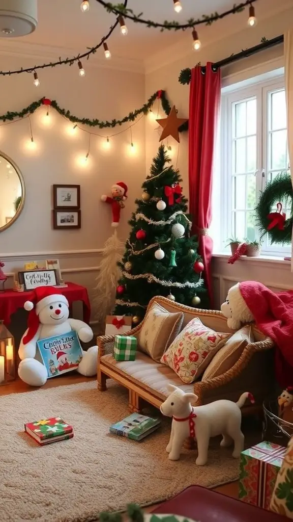 21 Creative Christmas Baby Shower Ideas You’ll Love 12 Cozy Christmas storytime setup with a decorated tree, plush toys, and festive decorations.