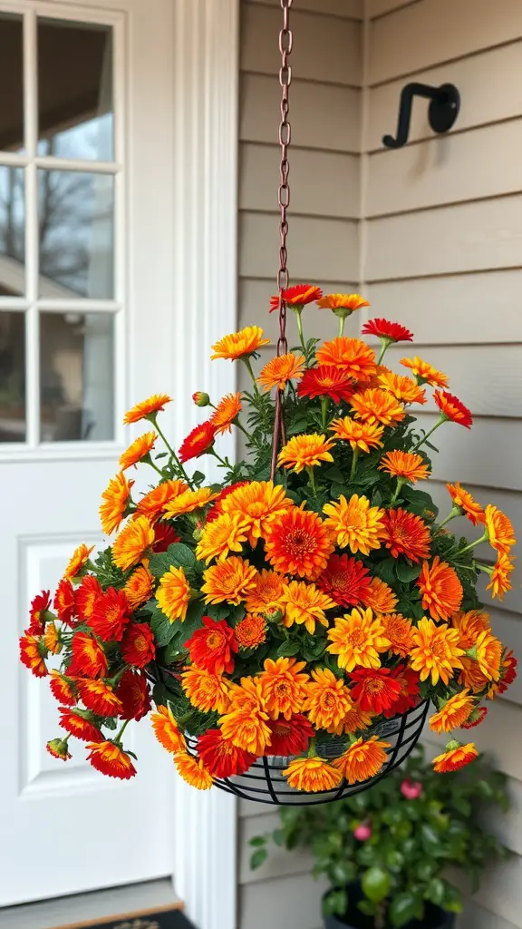 A hanging basket filled with vibrant orange and yellow chrysanthemums on a porch.