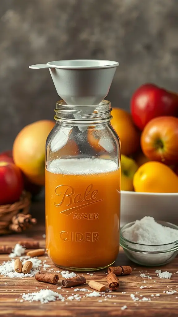 A jar of cider with sugar next to apples and cinnamon sticks, set up for a fruit fly trap.